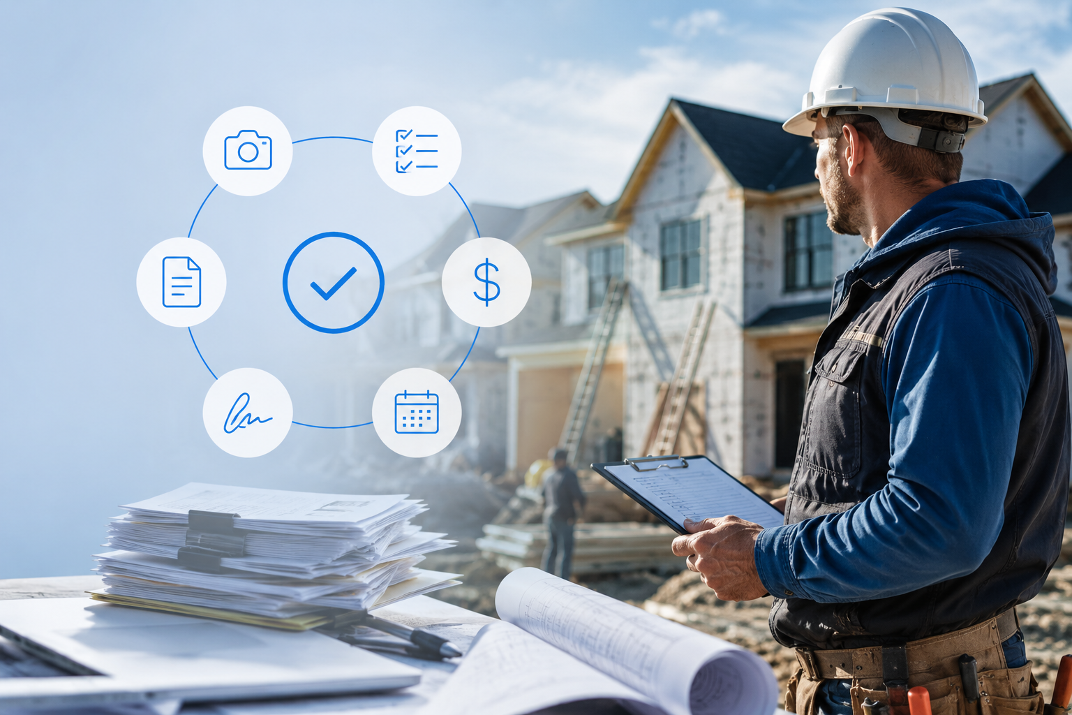 Contractor reviewing project paperwork at a residential job site, representing a connected workflow for photos, schedules, contracts, and invoices.