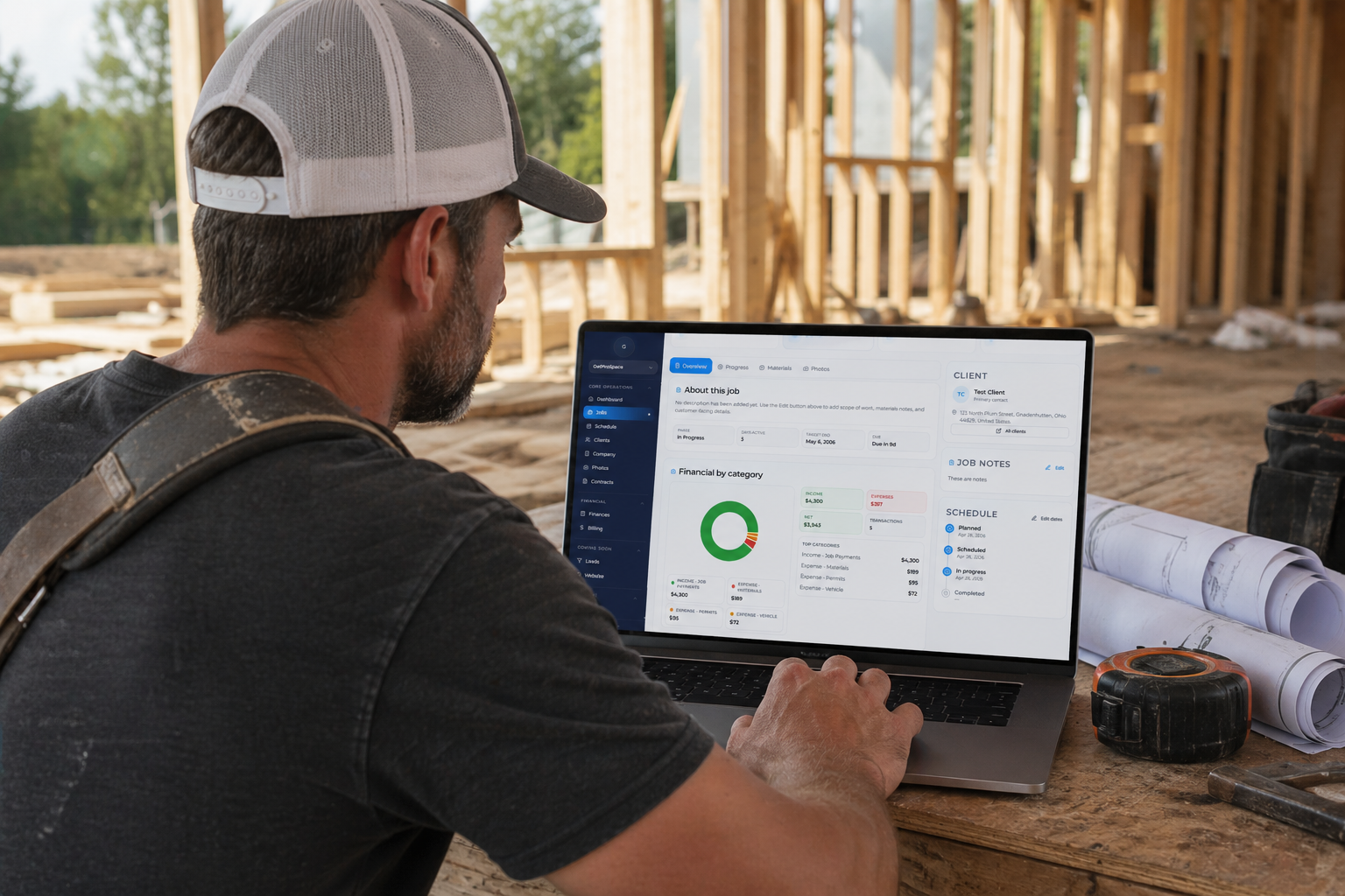 Contractor reviewing jobs, invoices, and schedule on a laptop at a job site