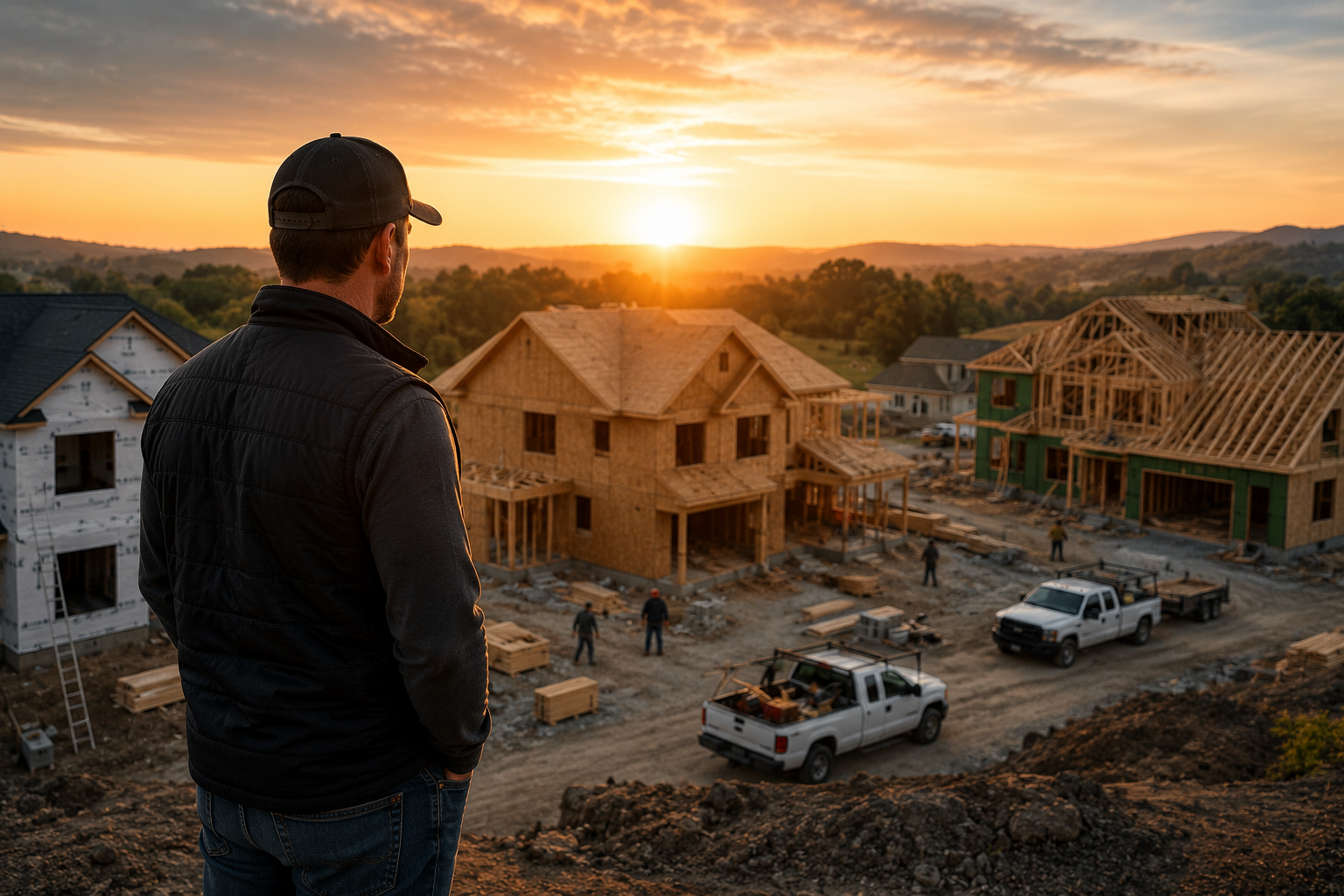 Contractor reviewing project plans at an active construction site, representing a connected workflow for jobs, contracts, photos, crews, and client communication.